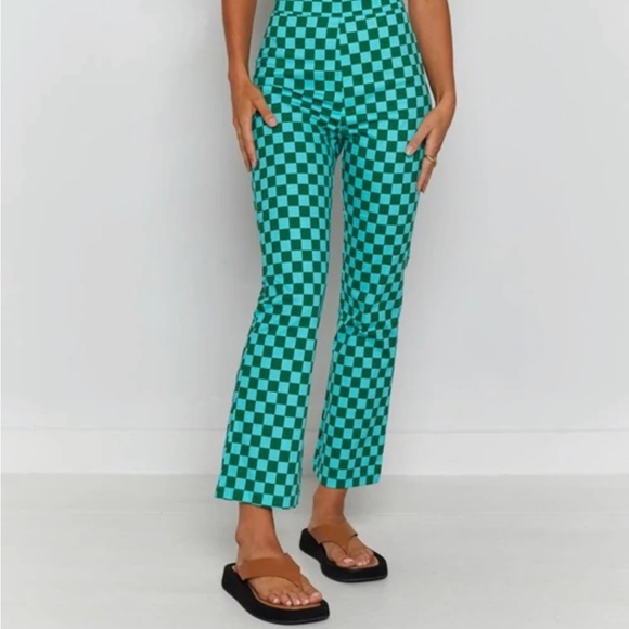 BEGINNING BOUTIQUE LORELAI. CHECK ANKLE PANT GREEN TURQUOISE  NWT S - Picture 6 of 11
